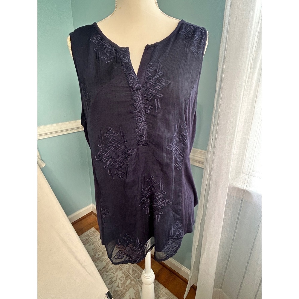 RXB Women Indigo Blue Embroidered Sleeveless Top Split Neck Tank XL